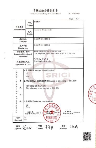 China Shanghai Yixin Chemical Co., Ltd. Zertifizierungen